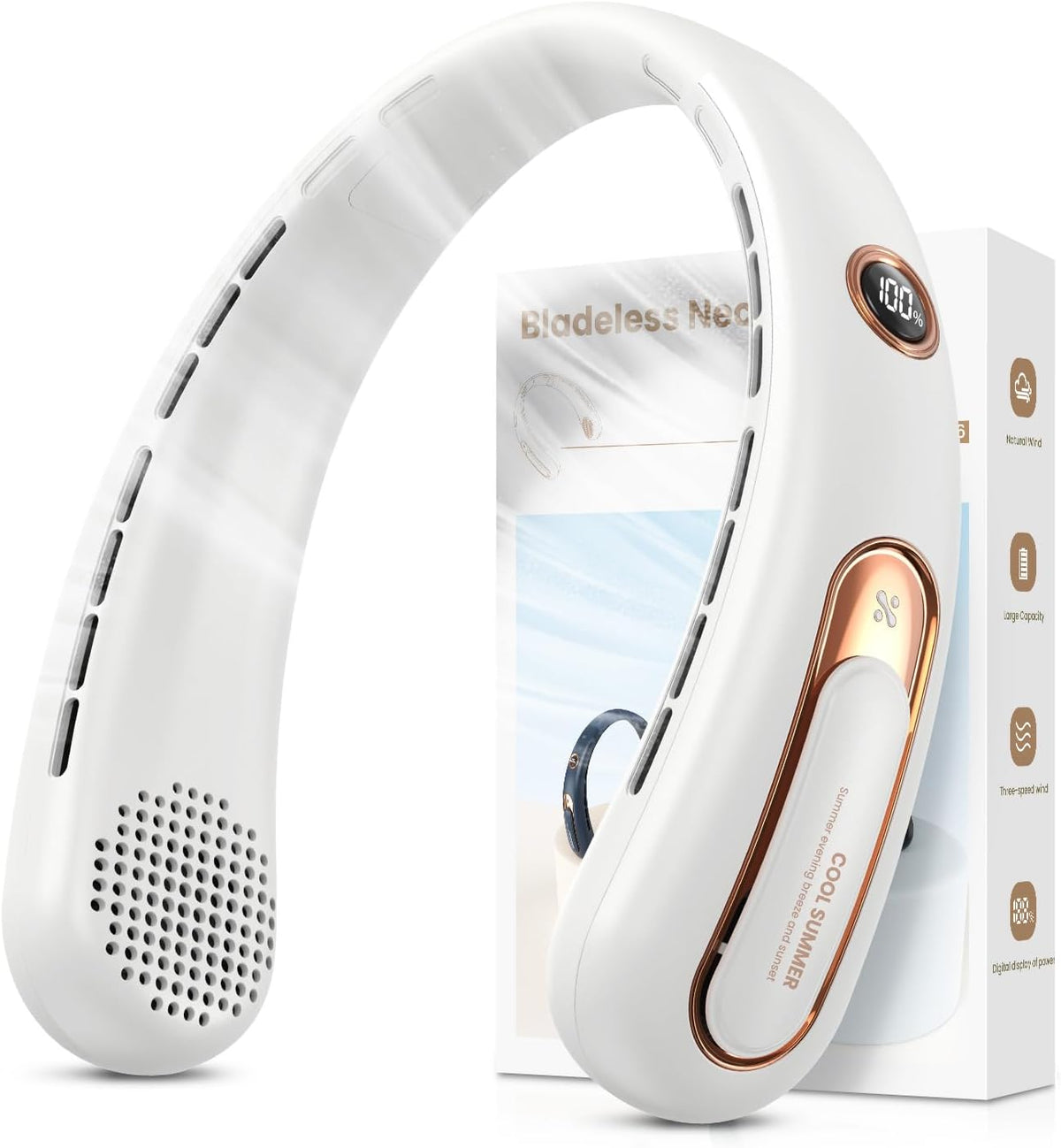 Nackenventilator, 3 Geschwindigkeiten, leise und leistungsstark, ohne Flügel, mit LED-Anzeige