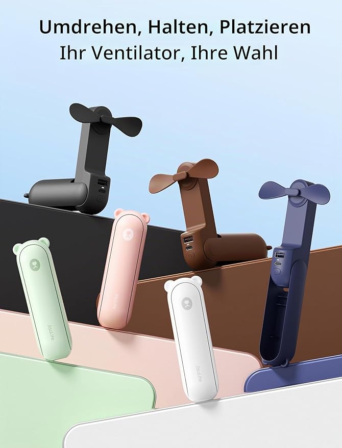 JISULIFE Mini tragbarer Lüfter, 3 in 1, wiederaufladbar über USB (12 bis 19 Stunden Akkulaufzeit), mit externem Akku und Taschenlampe. Ideal für Reisen und Sommer.