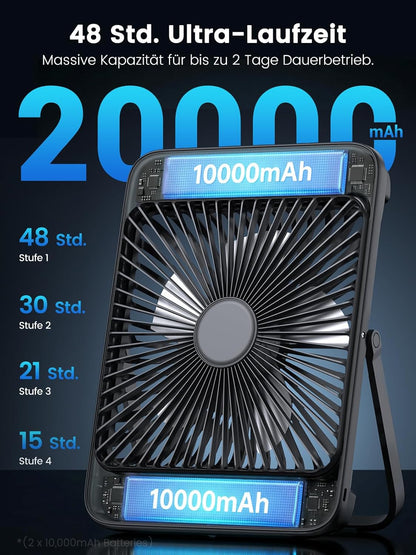 Warmco 20000mAh Akku Camping Ventilator Leise 27cm mit Lampe