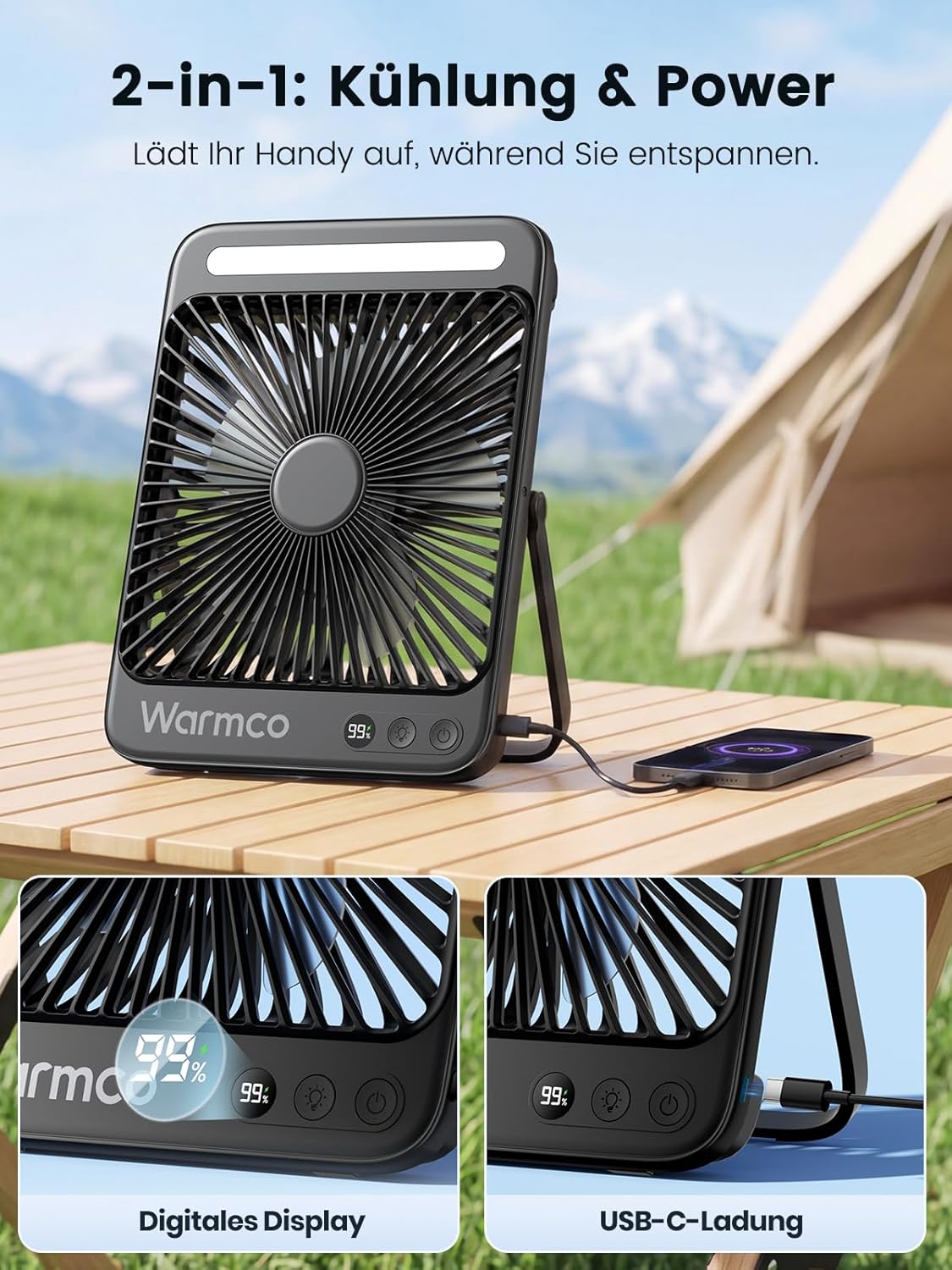 Warmco 20000mAh Akku Camping Ventilator Leise 27cm mit Lampe