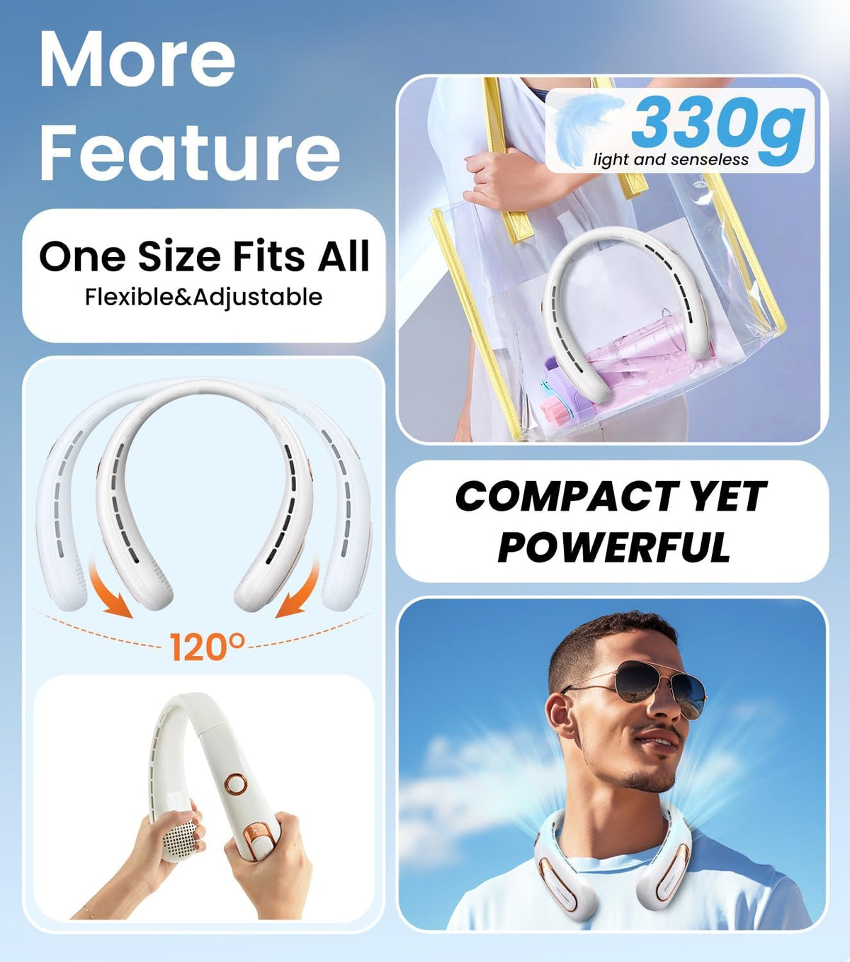 Nackenventilator, 3 Geschwindigkeiten, leise und leistungsstark, ohne Flügel, mit LED-Anzeige