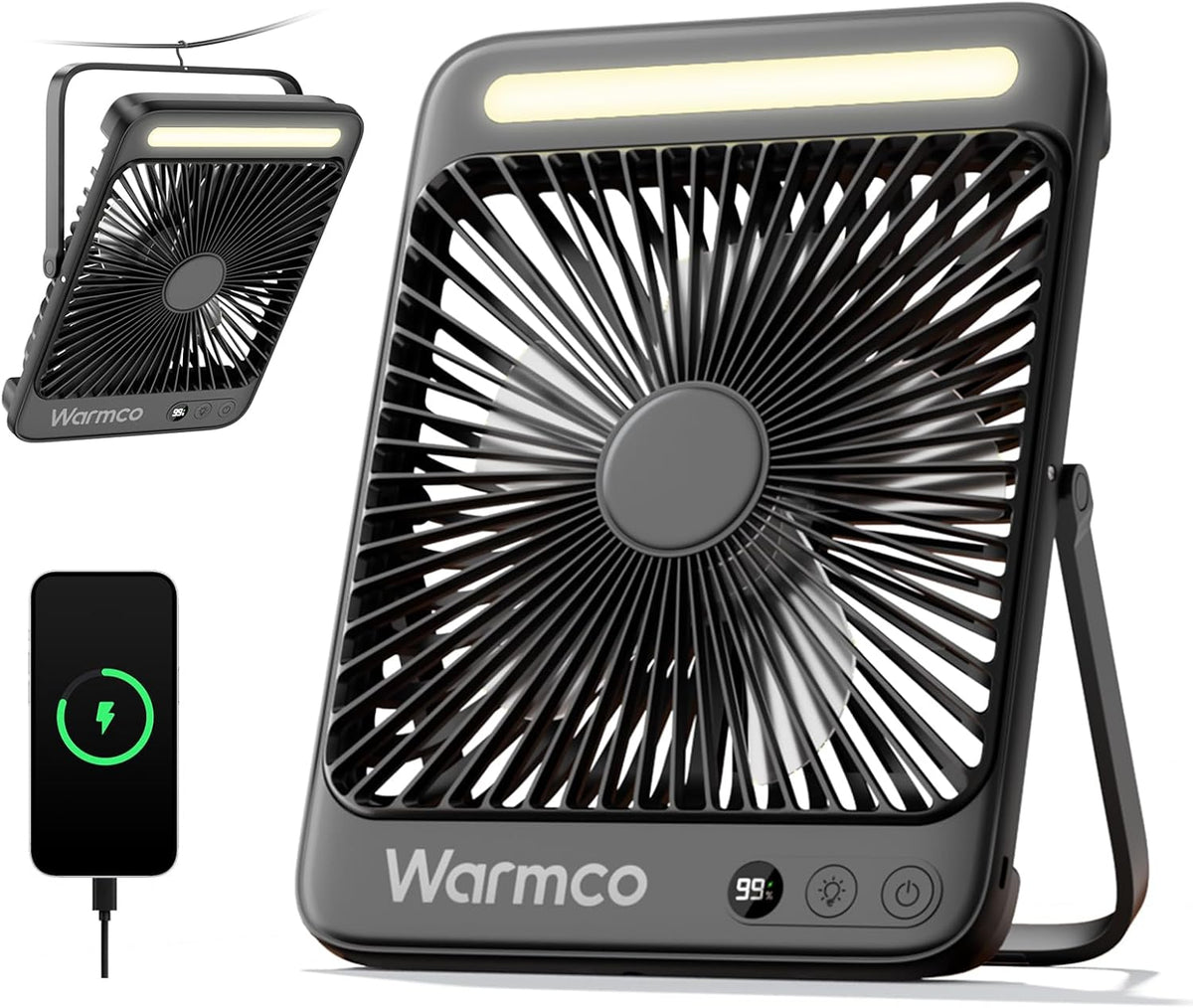 Warmco 20000mAh Akku Camping Ventilator Leise 27cm mit Lampe
