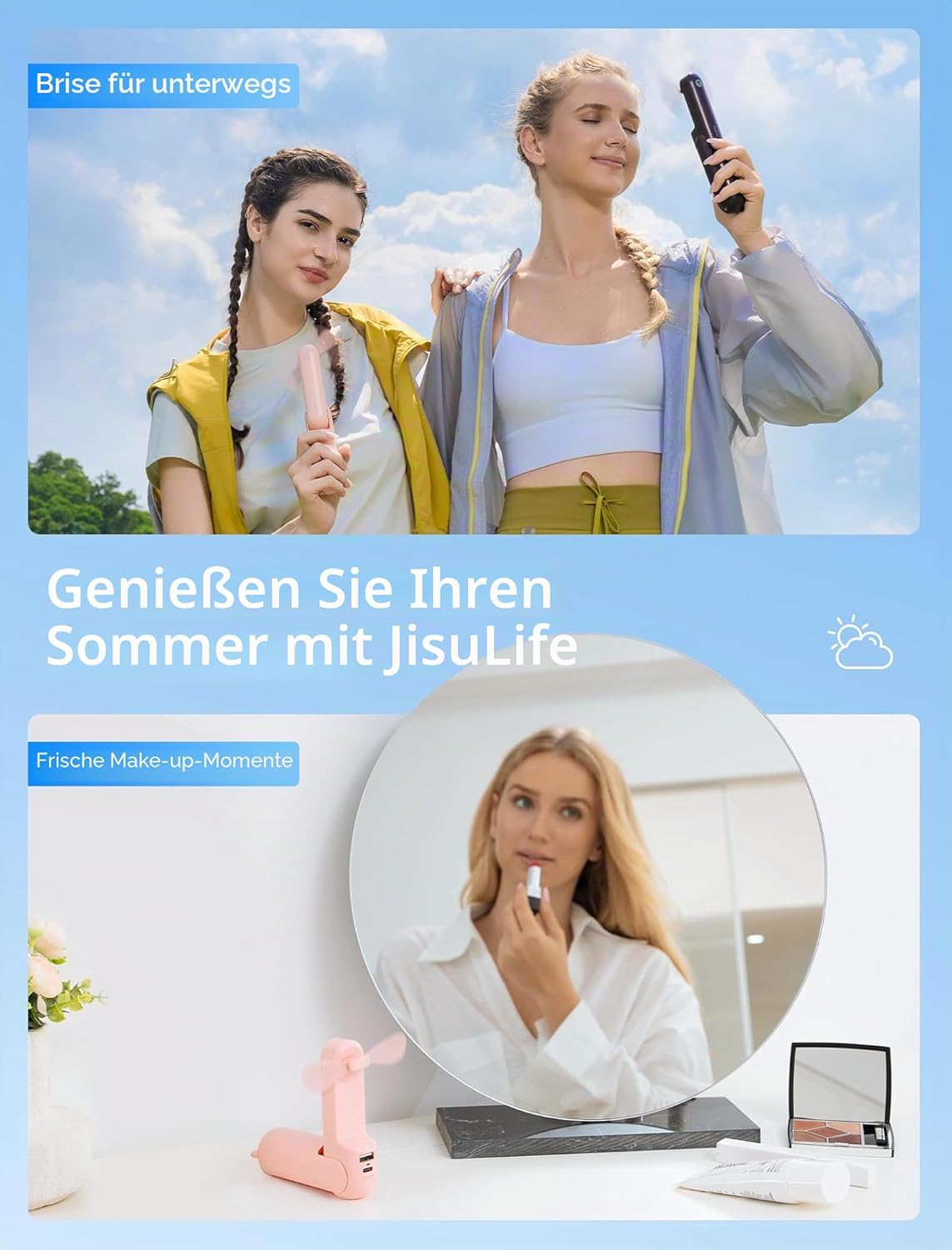 JISULIFE Mini tragbarer Lüfter, 3 in 1, wiederaufladbar über USB (12 bis 19 Stunden Akkulaufzeit), mit externem Akku und Taschenlampe. Ideal für Reisen und Sommer.
