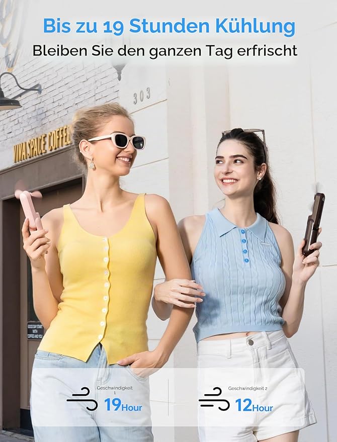 JISULIFE Mini tragbarer Lüfter, 3 in 1, wiederaufladbar über USB (12 bis 19 Stunden Akkulaufzeit), mit externem Akku und Taschenlampe. Ideal für Reisen und Sommer.