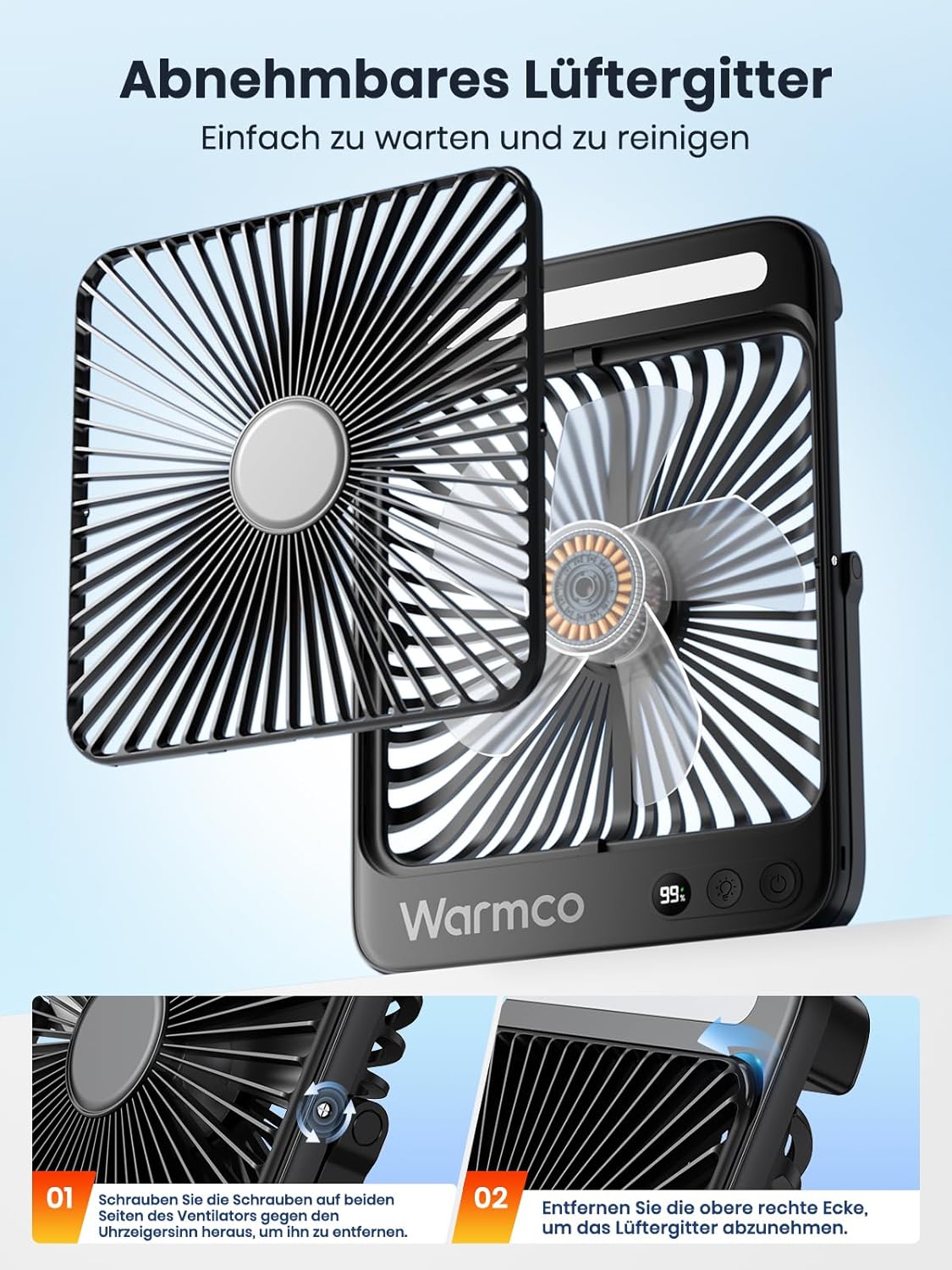Warmco 20000mAh Akku Camping Ventilator Leise 27cm mit Lampe