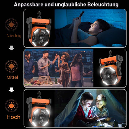 KITWLEMEN 20.000 mAh batteriebetriebener Campingventilator – max. 58 Stunden Kühlung, wiederaufladbarer, batteriebetriebener Tischventilator mit 4 Geschwindigkeiten, helles Licht und Haken zum