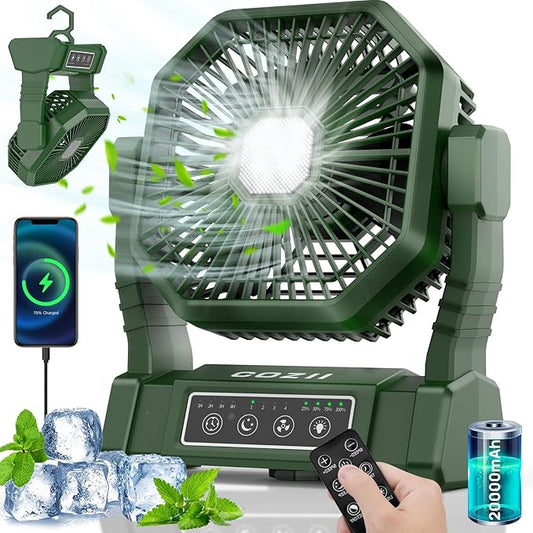 COZII Camping Ventilator, 20000mAh Tragbarer Ventilator Akku mit LED Licht & Fernbedienung